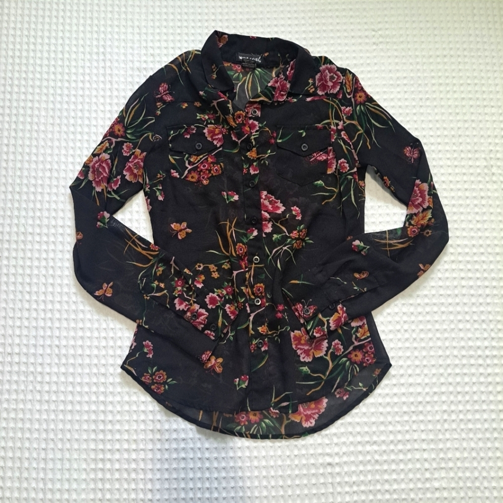 Wet Seal Black Floral Sheer Blouse